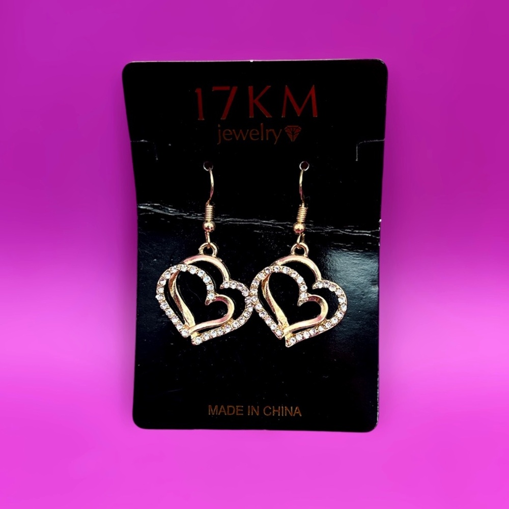 NWOT Gold Tone Double Hearts with Rhinestones Hanging Fashion Earrings